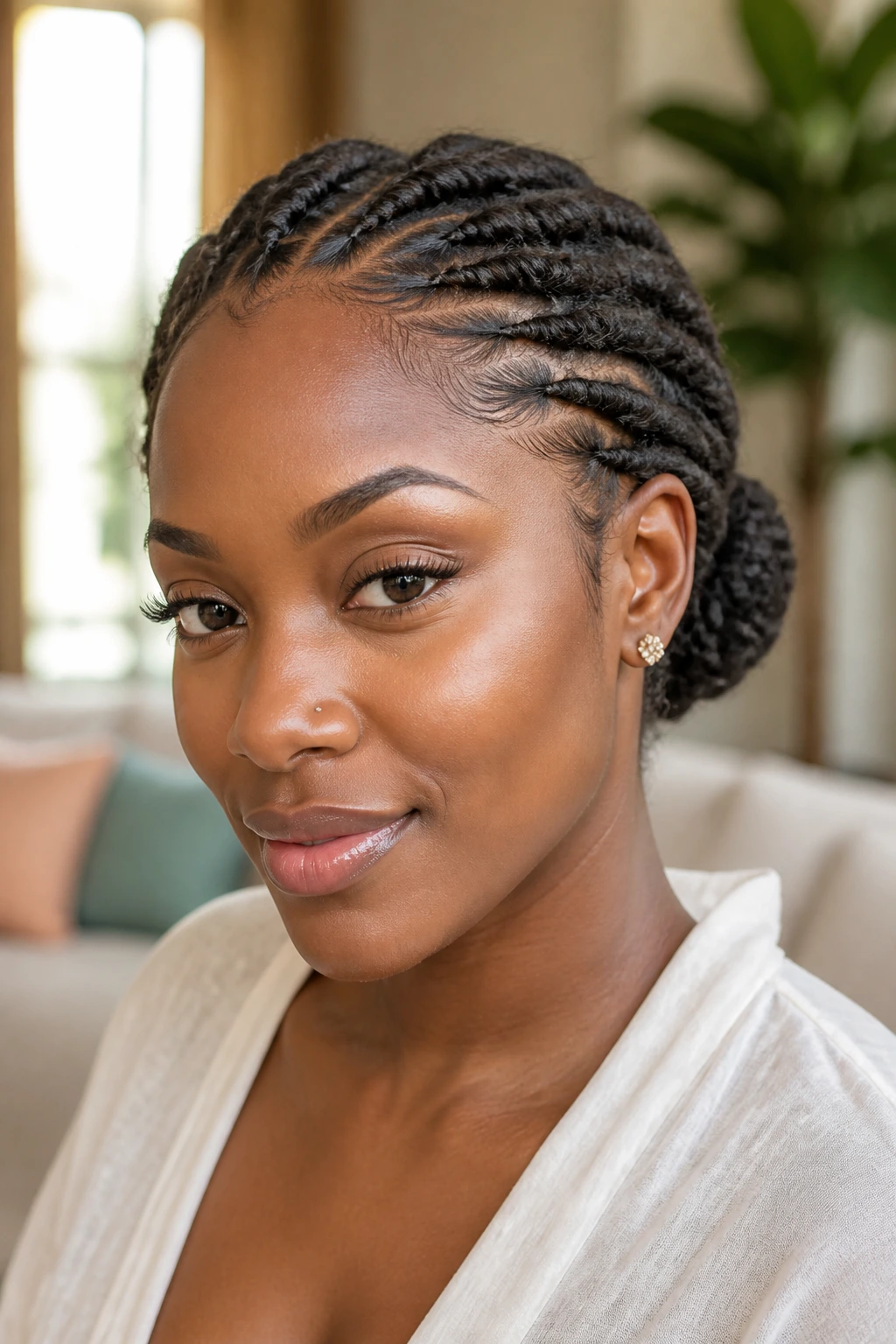 Close-up of a real Black woman with a low bun formed by sculpted flat twists in warm natural light