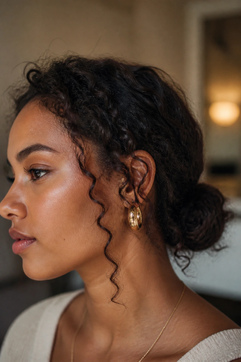 Close-up portrait of a real woman with a messy low bun and loose coils around the ears