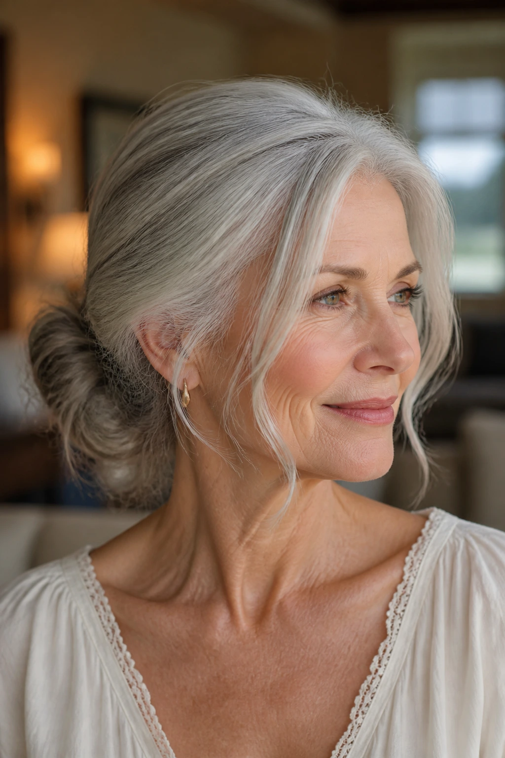 Close-up of a real woman with an elegant low bun and soft face-framing pieces