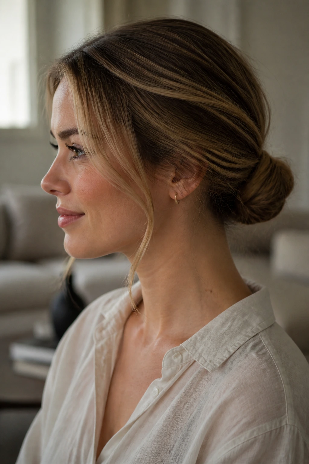 Portrait of a woman with a low bun, looking relaxed in a cozy room.