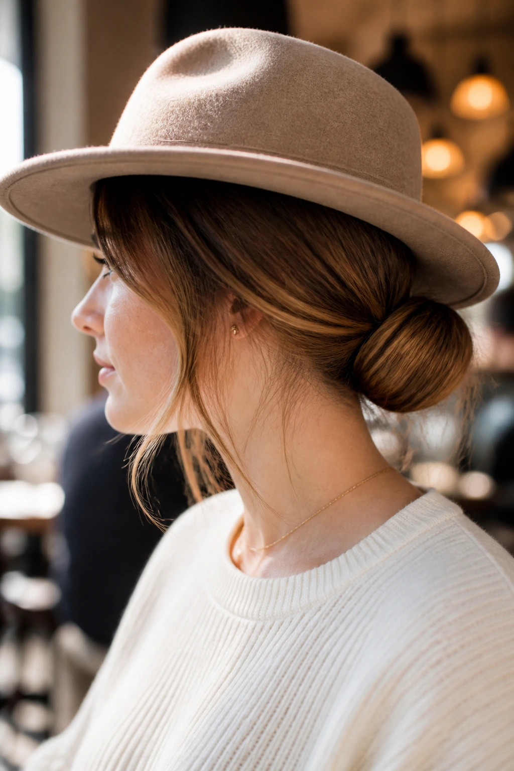 Close-up of a real woman with a low, flat bun at the nape under a hat.