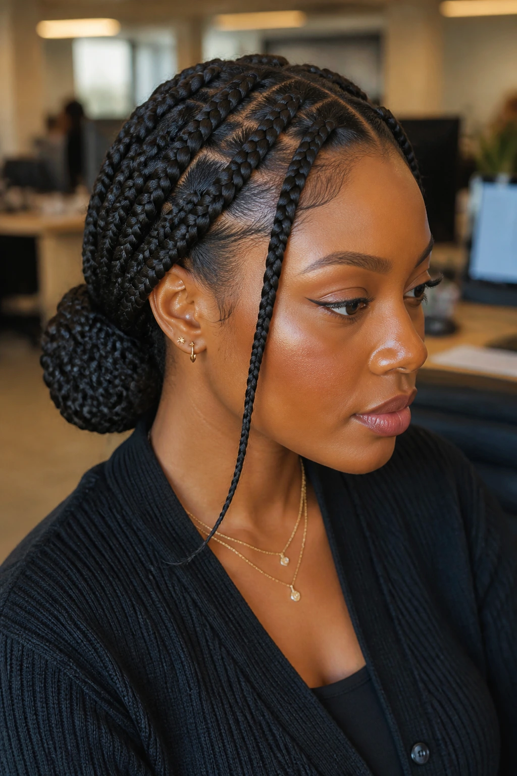 Close-up of a real woman with low-bun jumbo box braids at the nape.