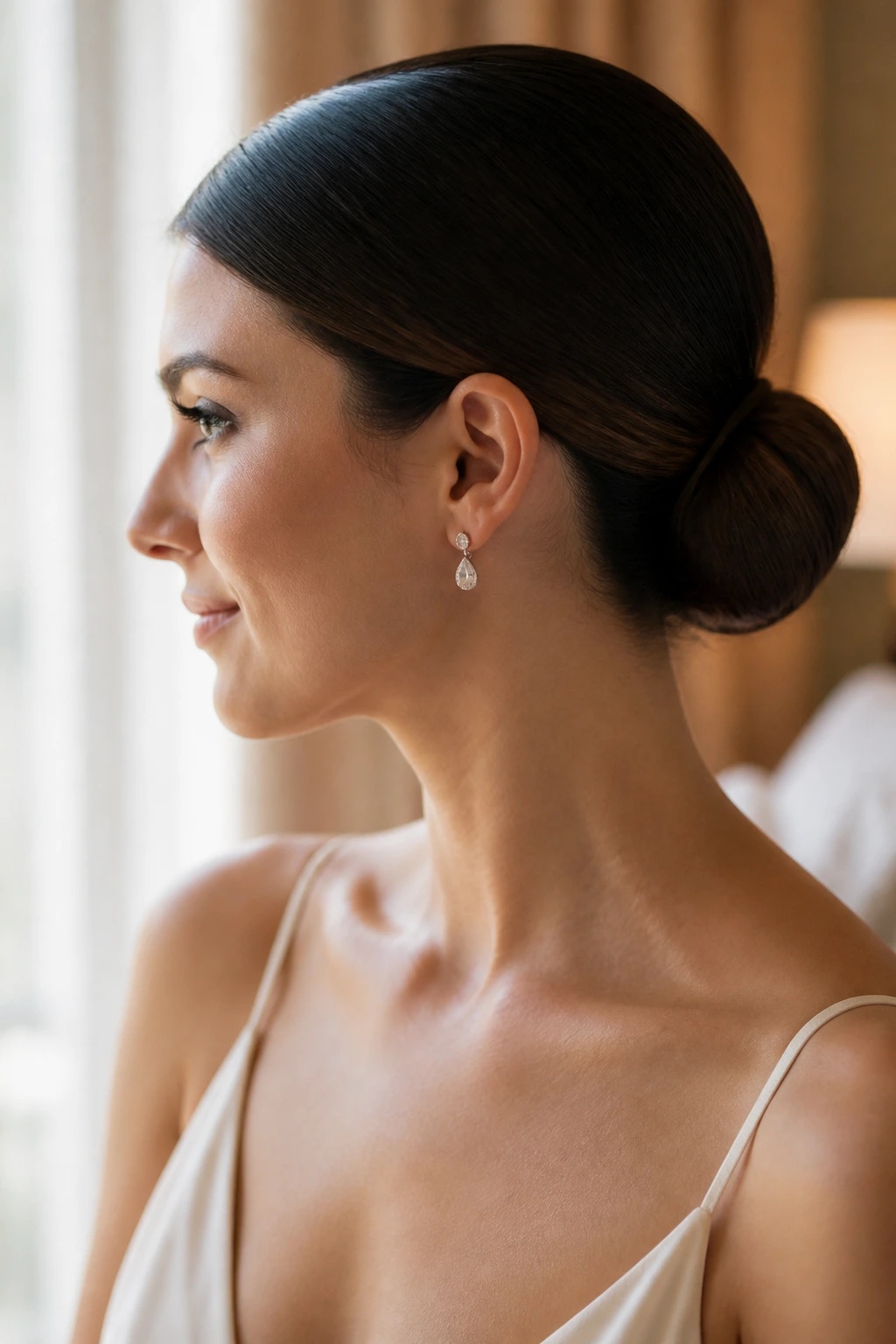 Close-up of a real woman with a sleek low bun at the nape