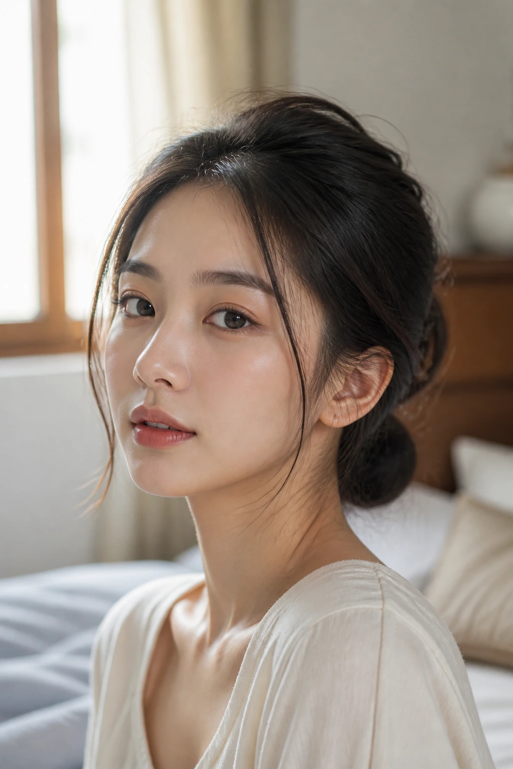 Close-up portrait of a woman with a low bun and loosened crown, natural window light