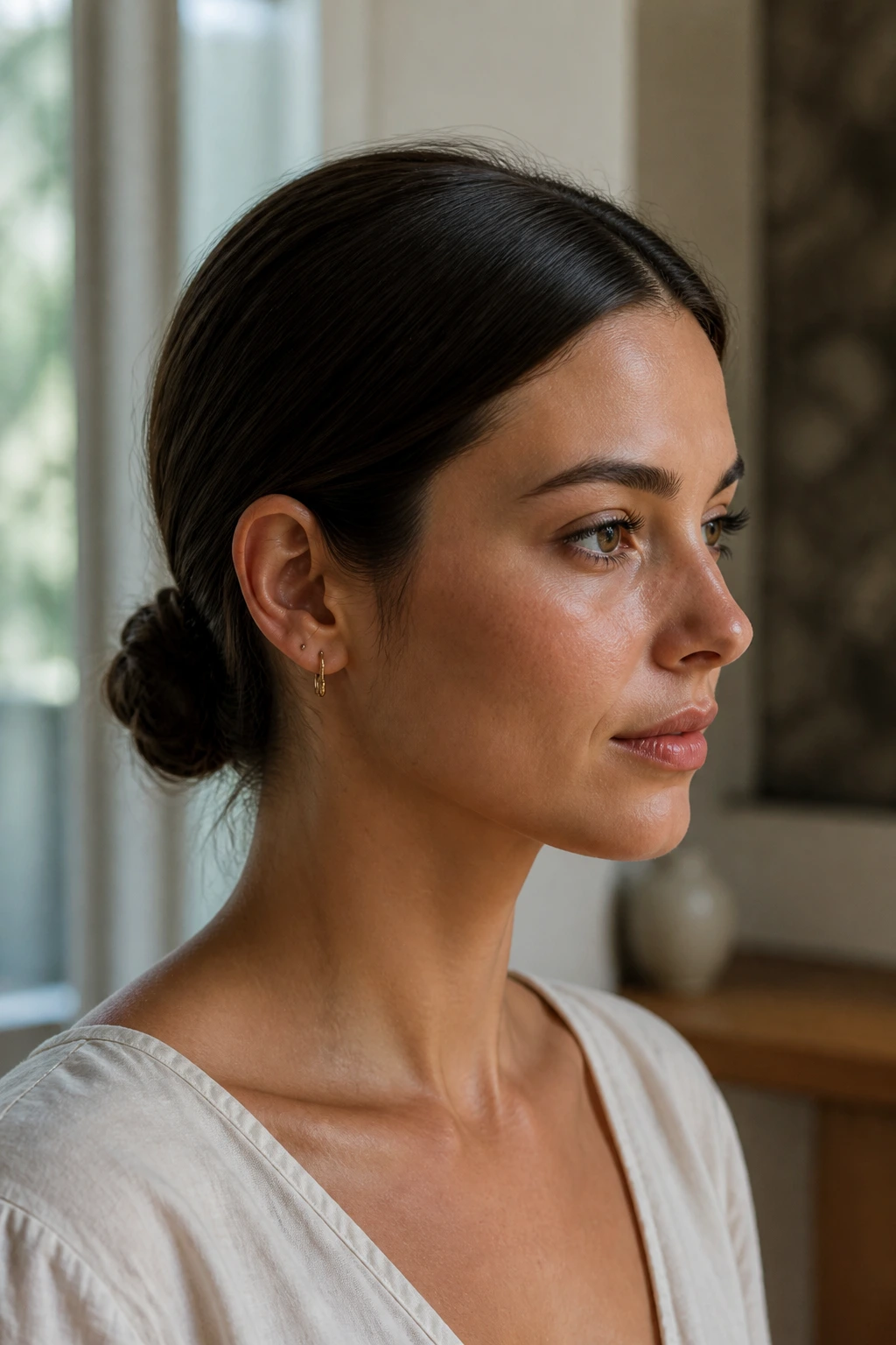Portrait of a real woman with a minimal low bun and a centered part.