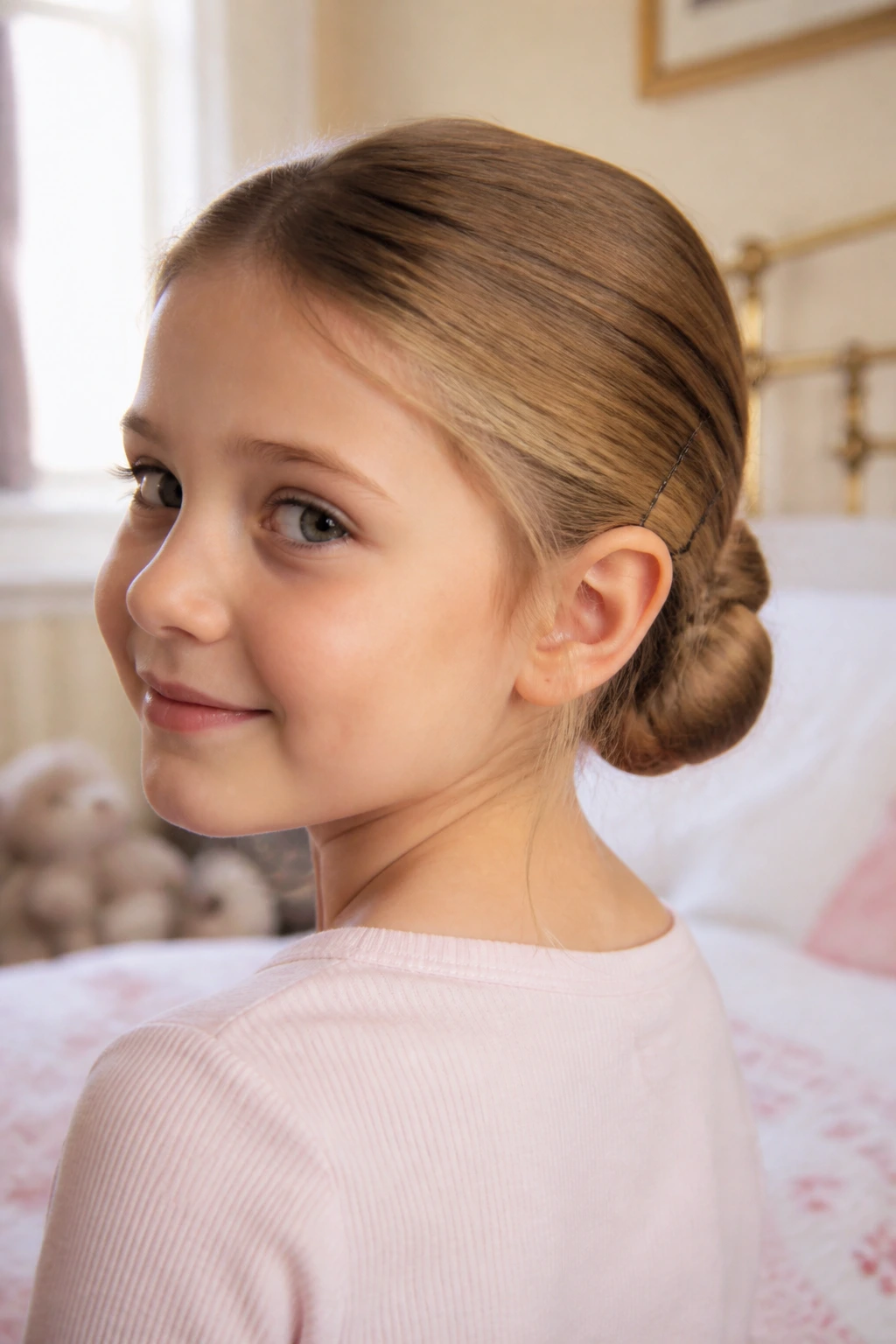 Close-up of a child with a rolled-under low bun at the nape, bobby pins visible