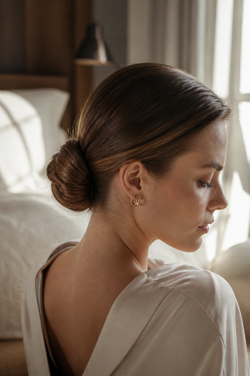 Close-up of a low bun at the nape on a real woman