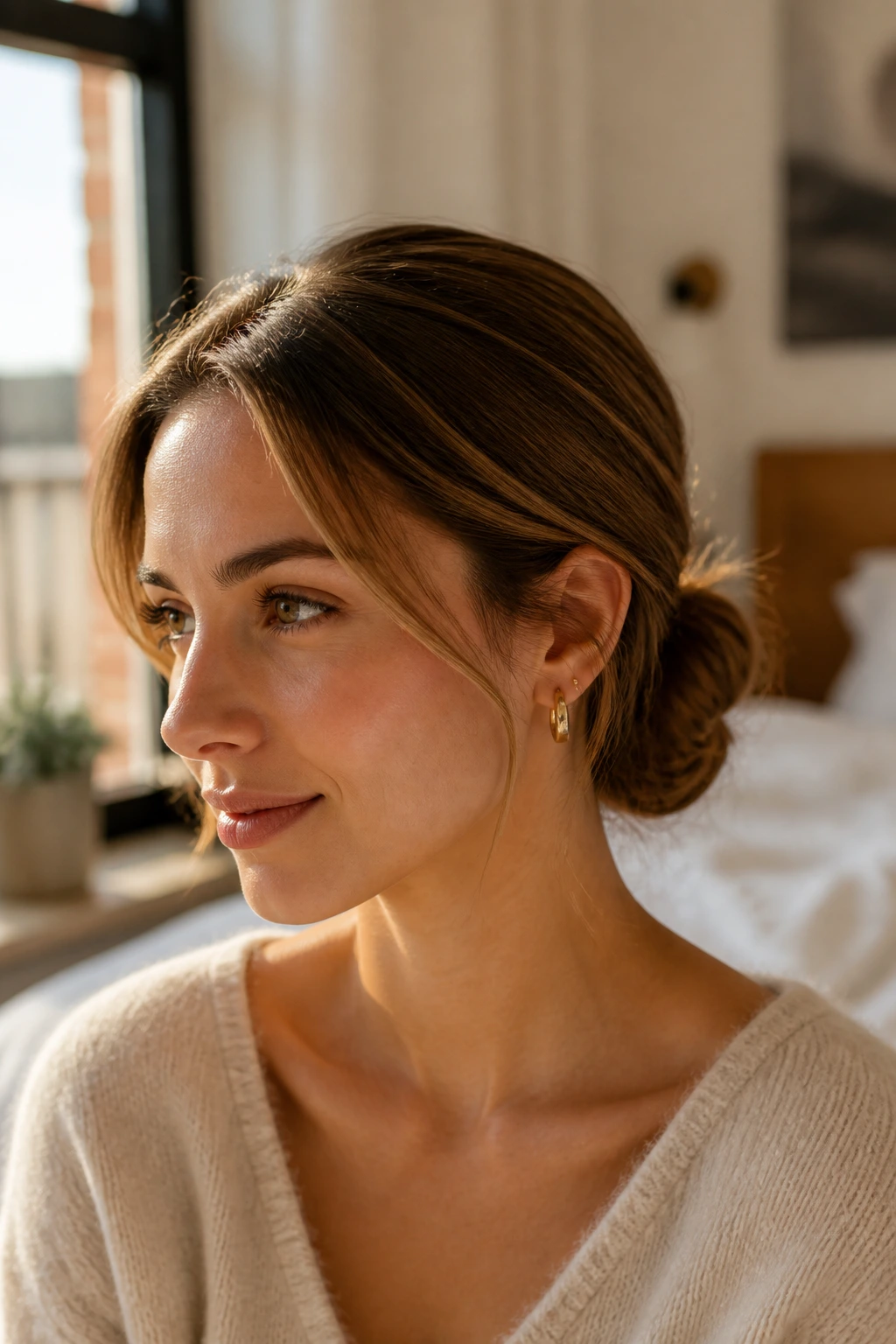 Close-up of a real woman with a low bun at the nape in warm natural light