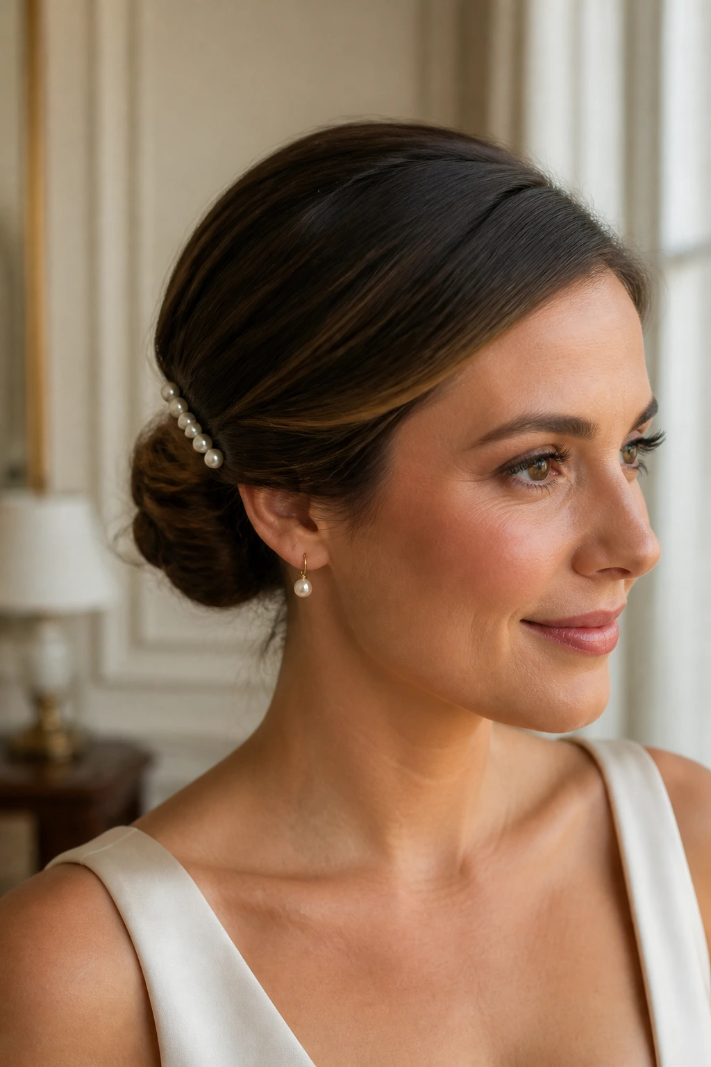 Real woman with low bun and pearl pins