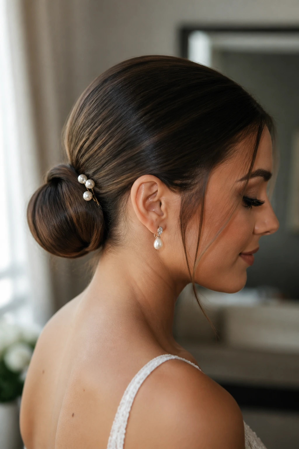 Bride with a minimal low bun and pearl pins.