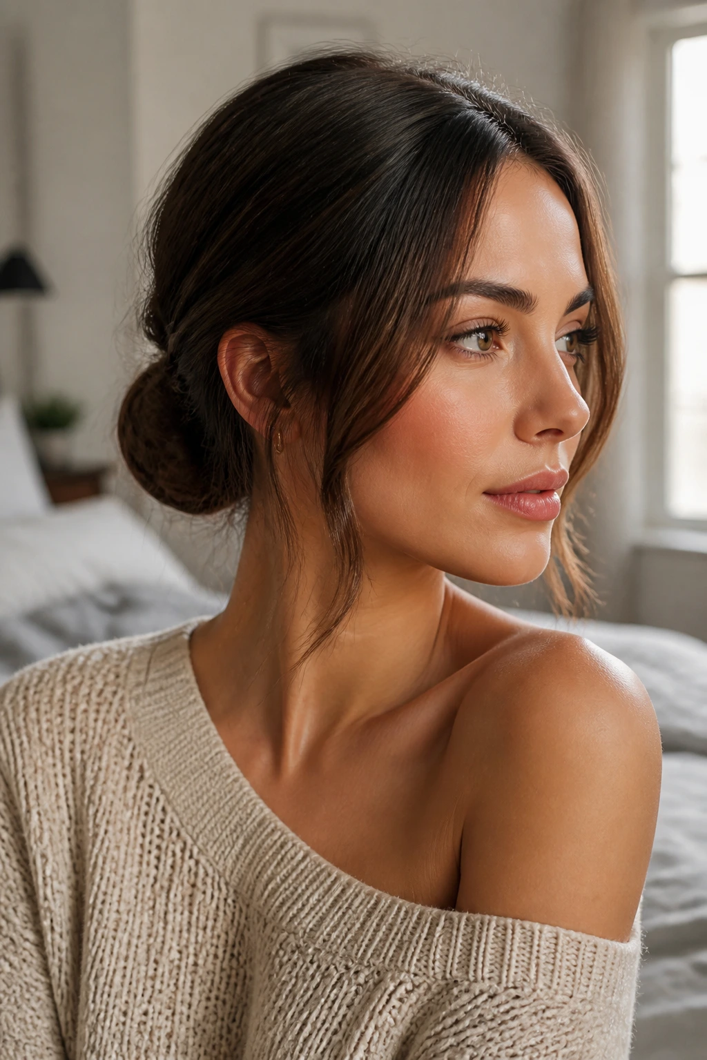 Close-up portrait of a real woman with a neat low bun anchored at the nape in morning light