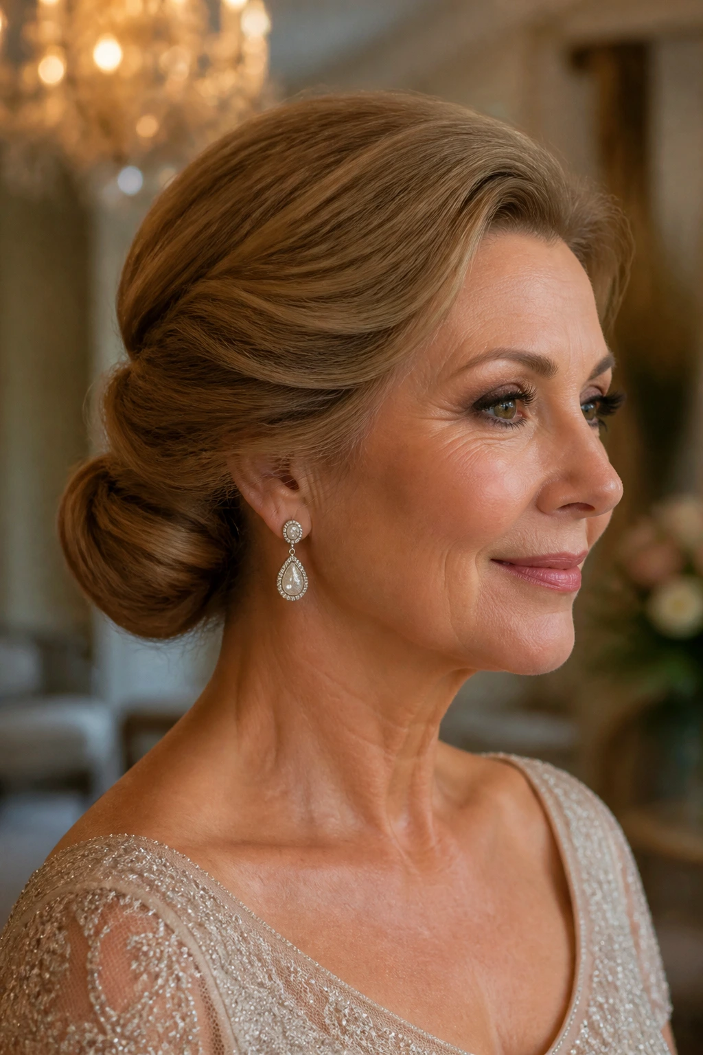 Close-up portrait of a real woman with an elegant low bun and rolled sides