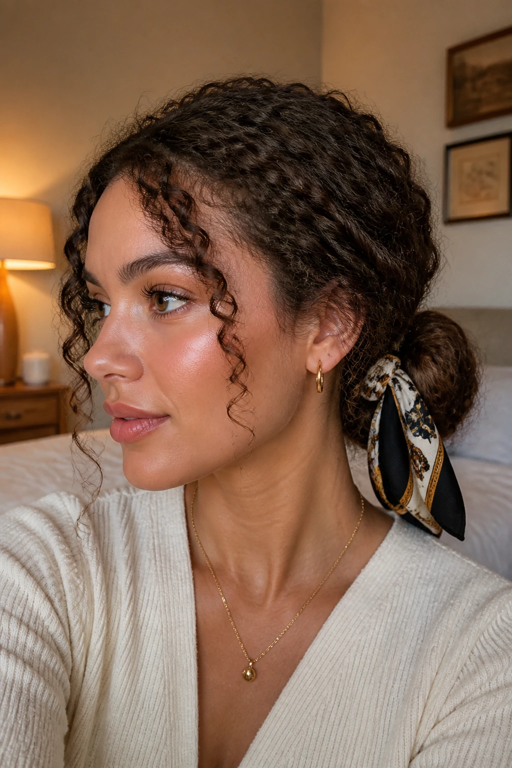 Real woman with a low bun and silk scarf in a warm-lit bedroom