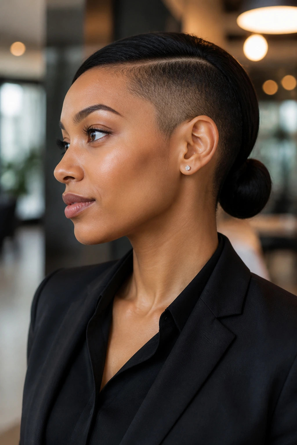 Real woman with a sleek low bun and shaved side in a modern setting