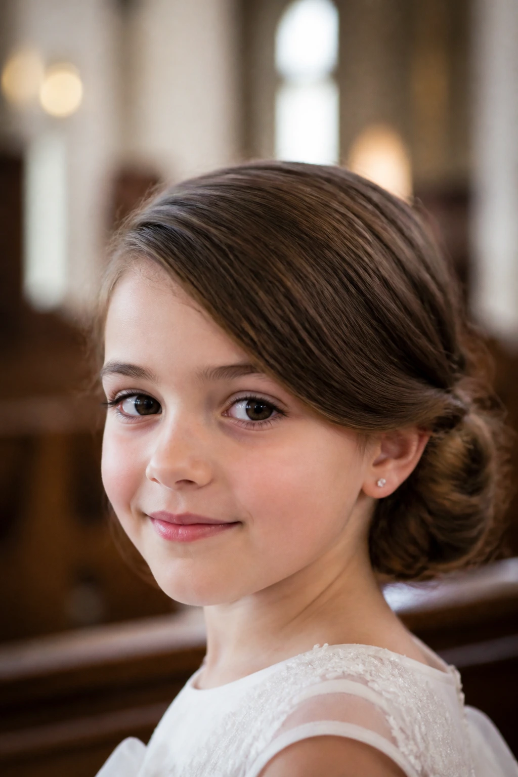 Close-up of a child with a low bun and side part in church lighting