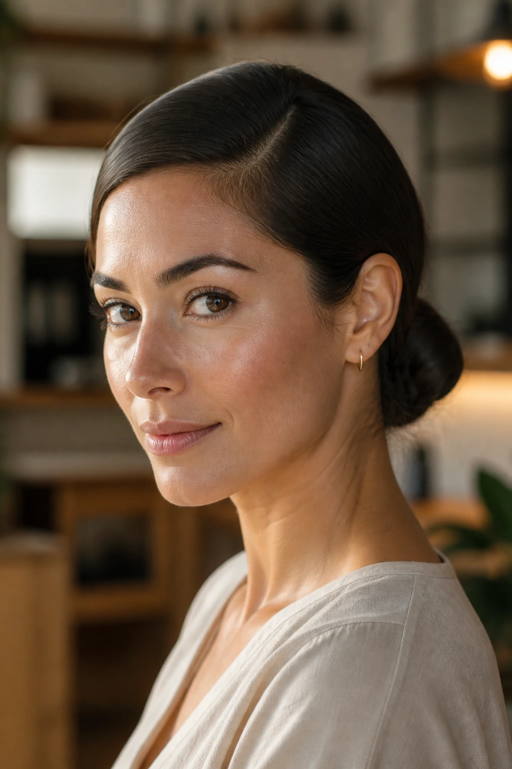 Close-up of a woman with a low bun and clean side part in warm light