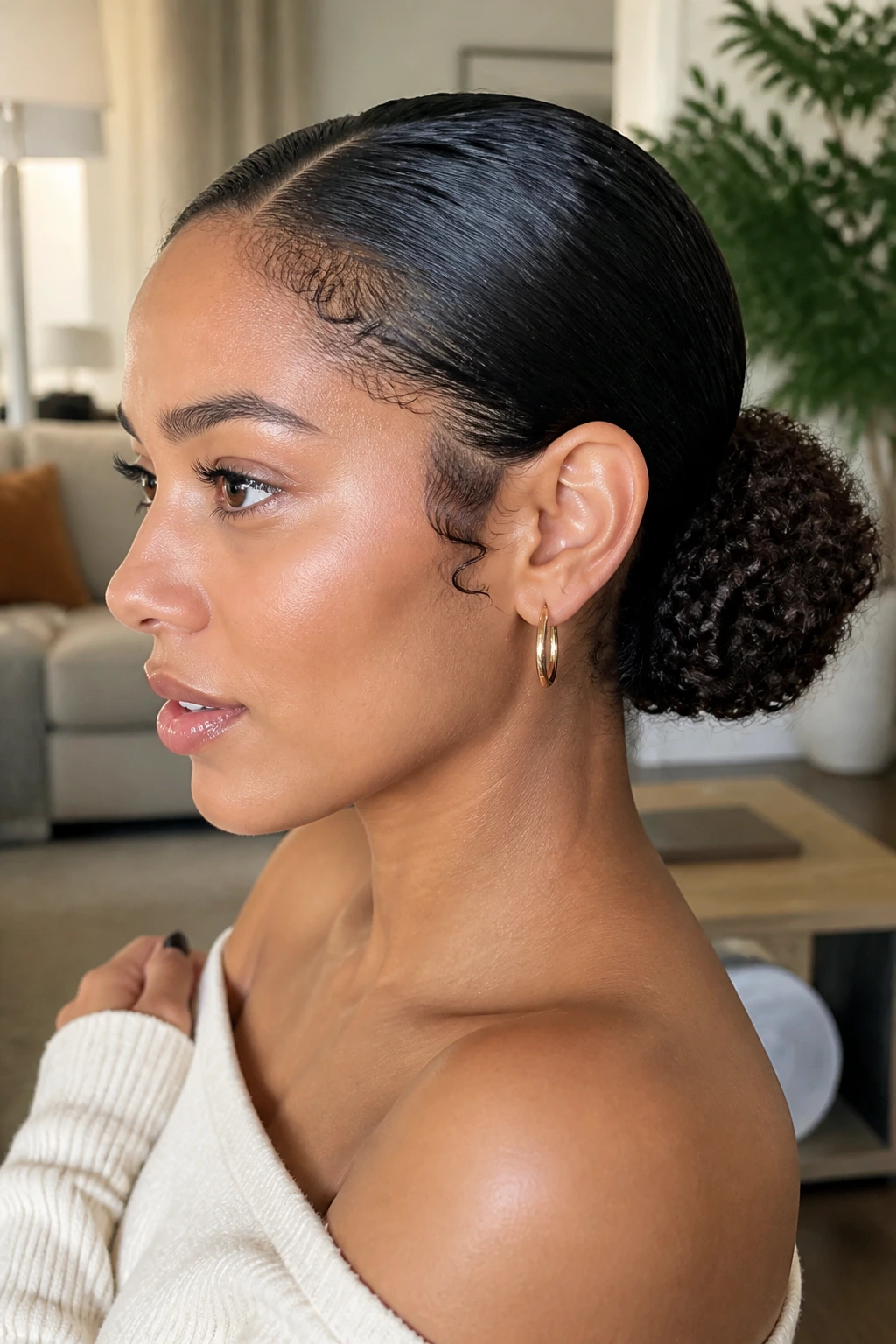 Close-up portrait of a woman with sleek low curly bun at the nape
