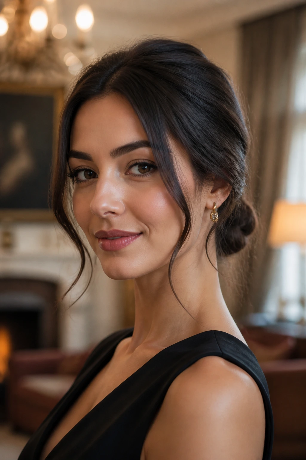 Close-up of a woman with a low bun and soft front strands in warm interior lighting