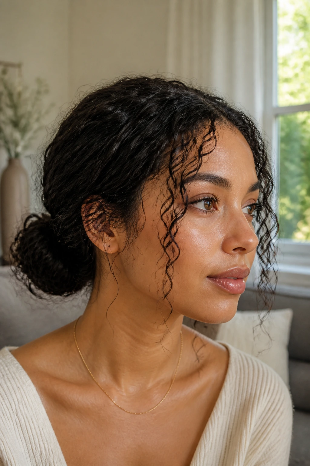 Close-up of a real woman with a low curly bun and soft tendrils around the face.