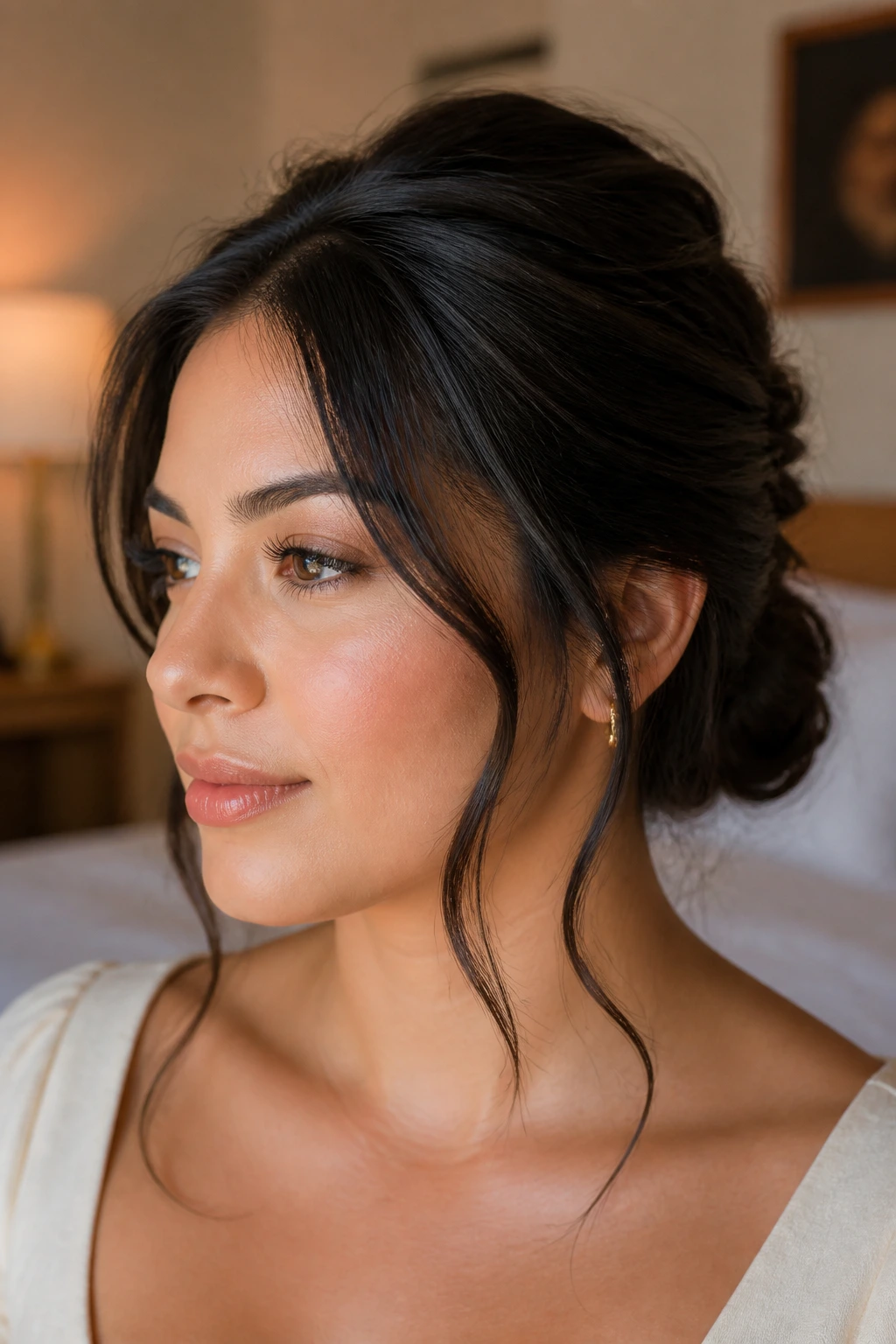 Close-up of real woman with a low bun and soft tendrils, crown lift in warm indoor light
