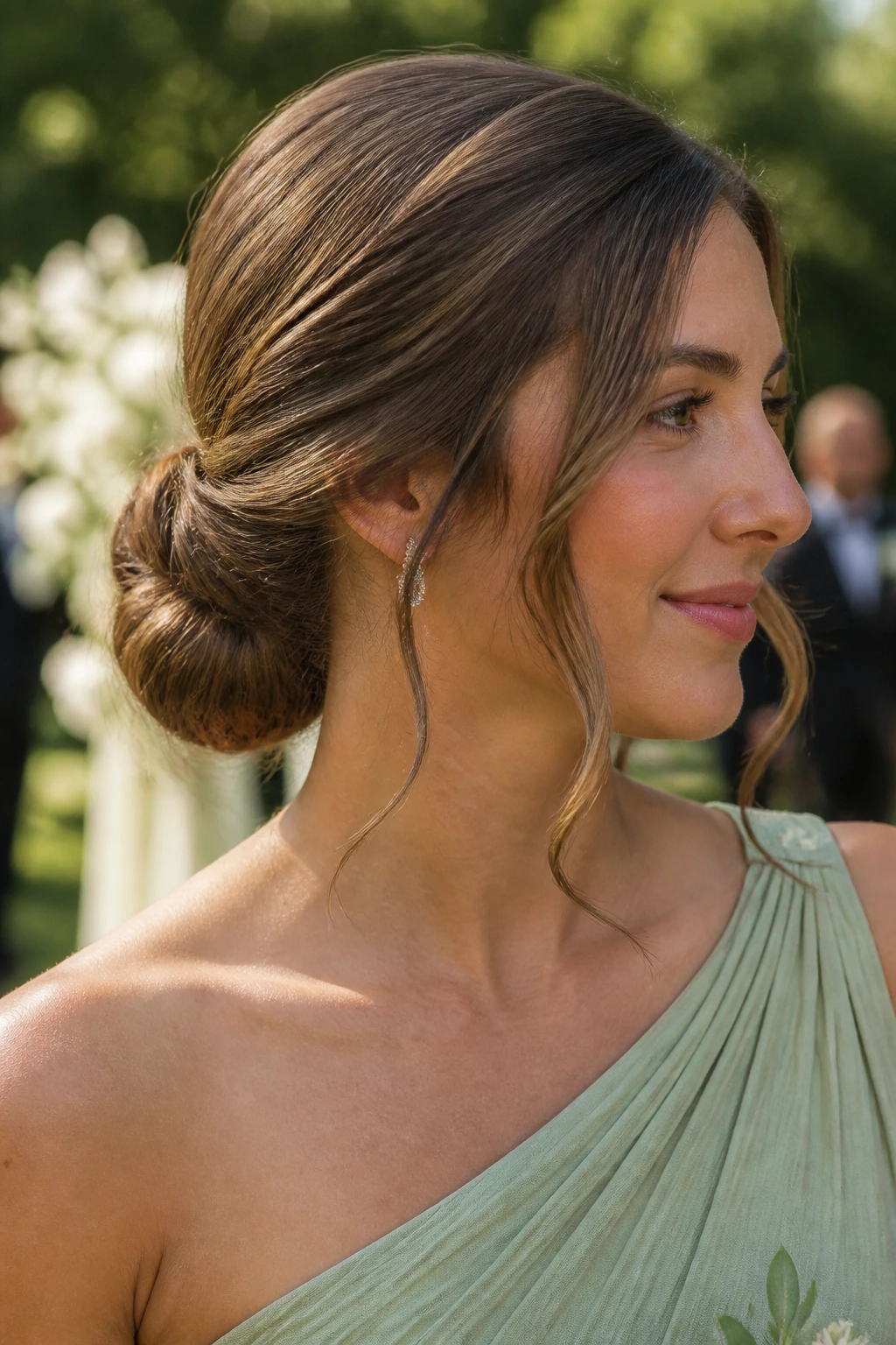Real woman with a low rolled bun and soft tendrils around the face outdoors in daylight.