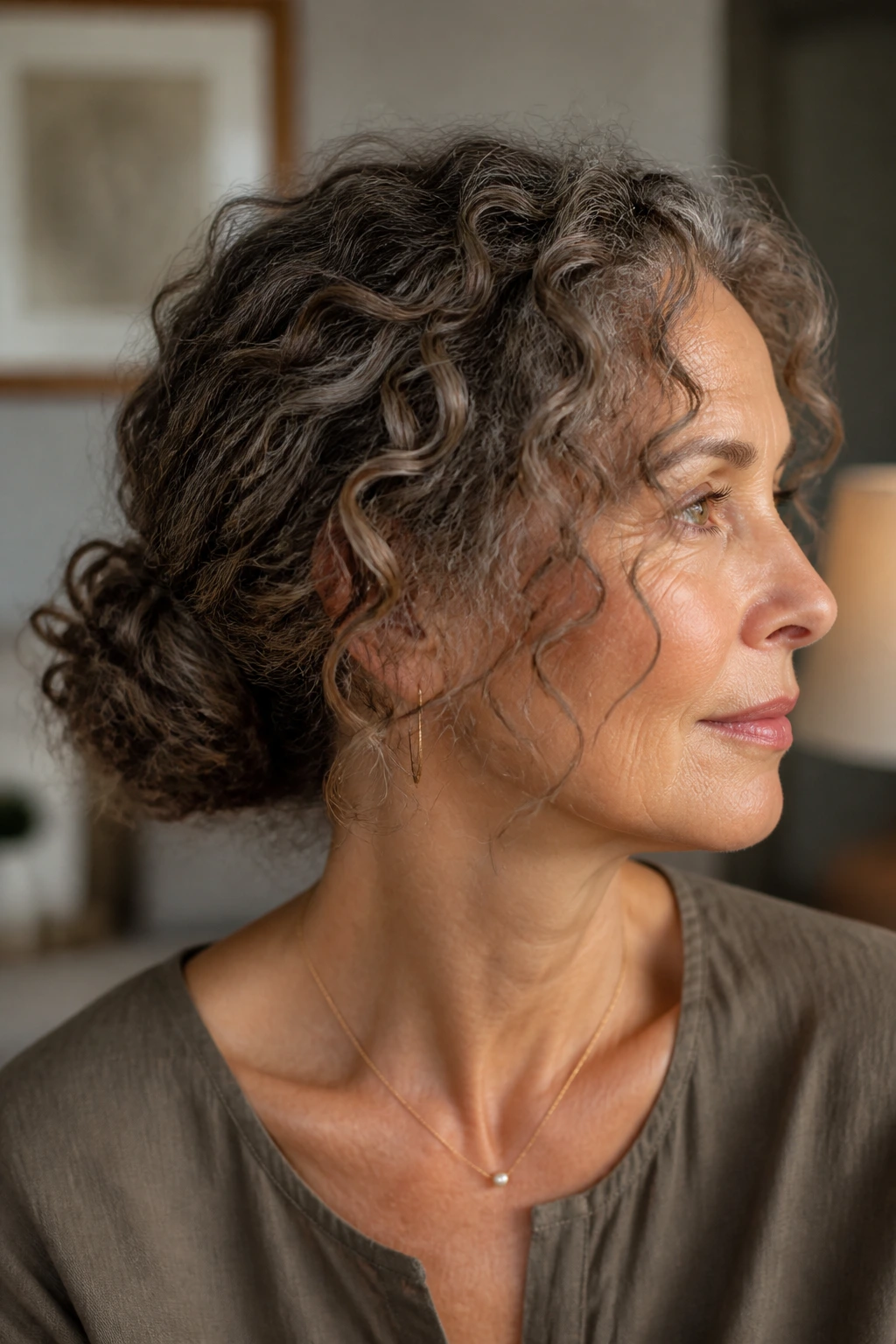 Close-up of a real woman wearing a low curly bun with texture at the nape