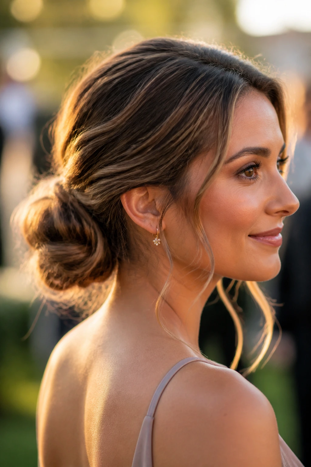 Outdoor portrait of a real woman with a textured low bun at golden hour