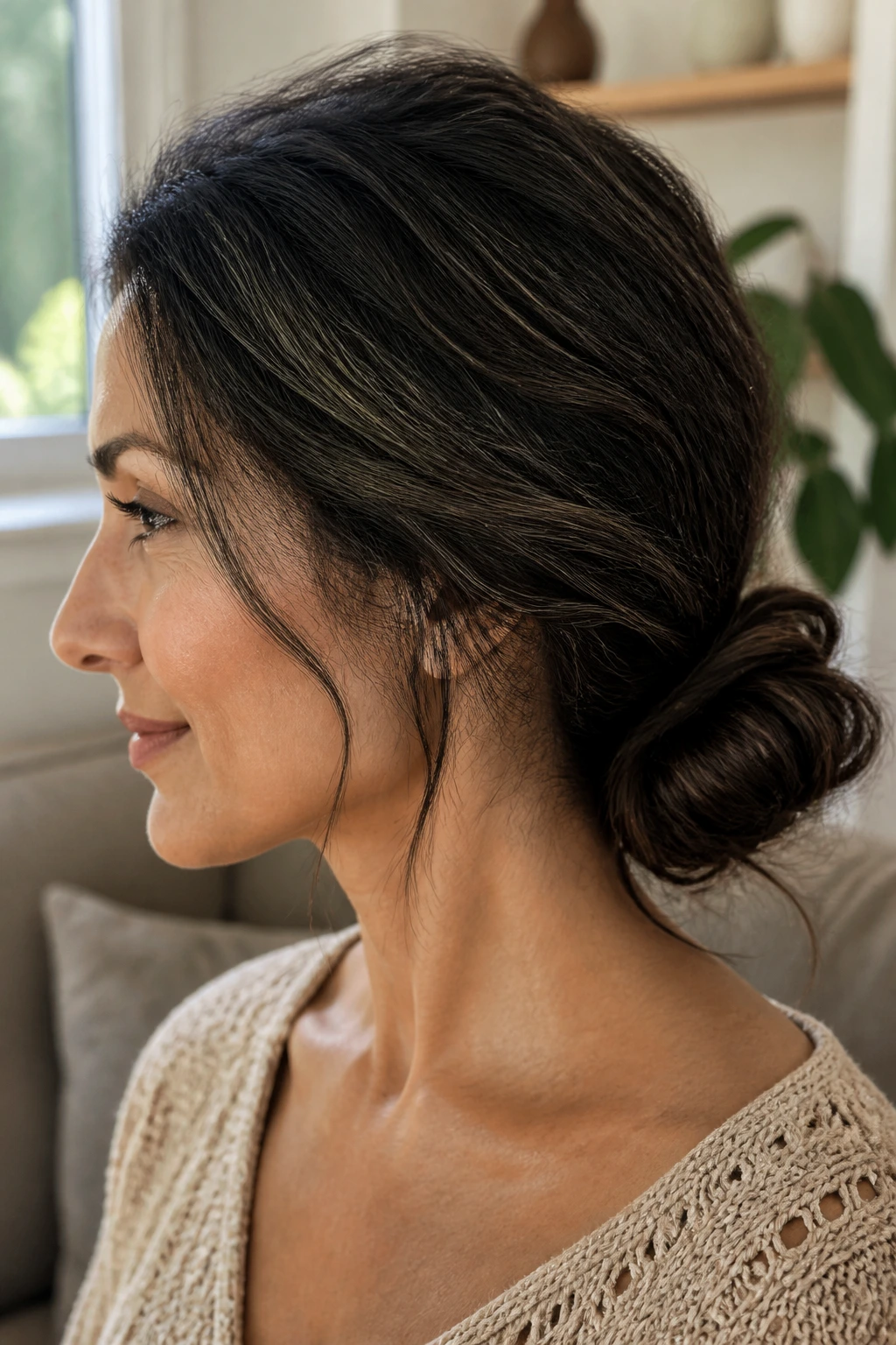 Real woman with a loose low textured bun at the nape