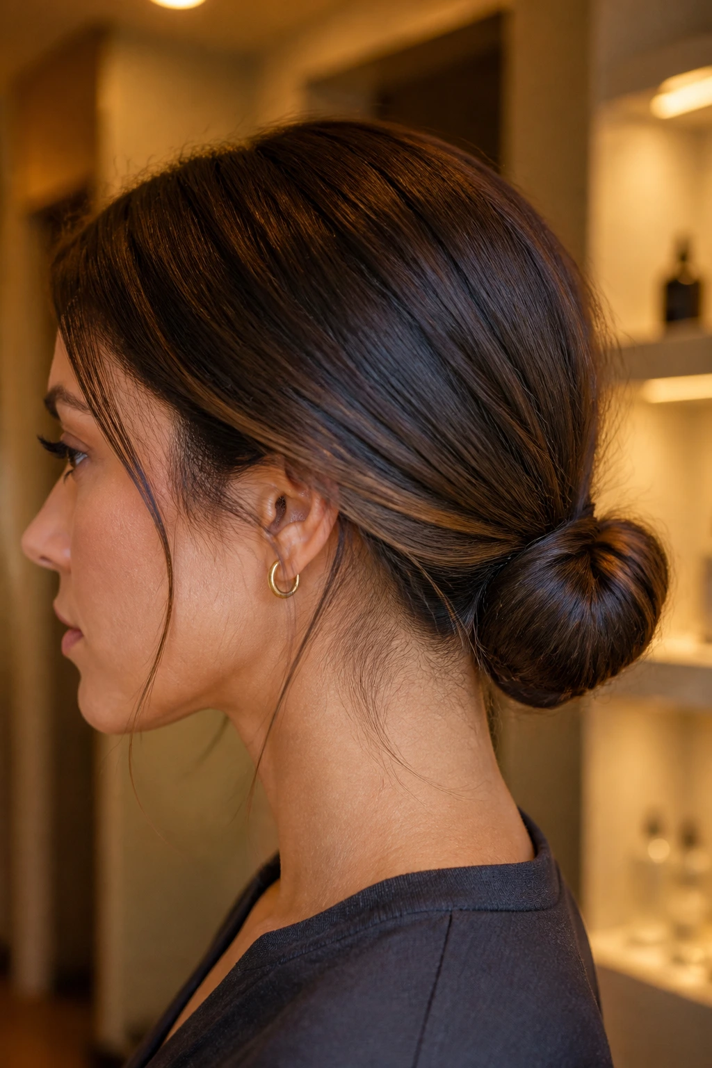 Profile view of a low bun with tucked ends
