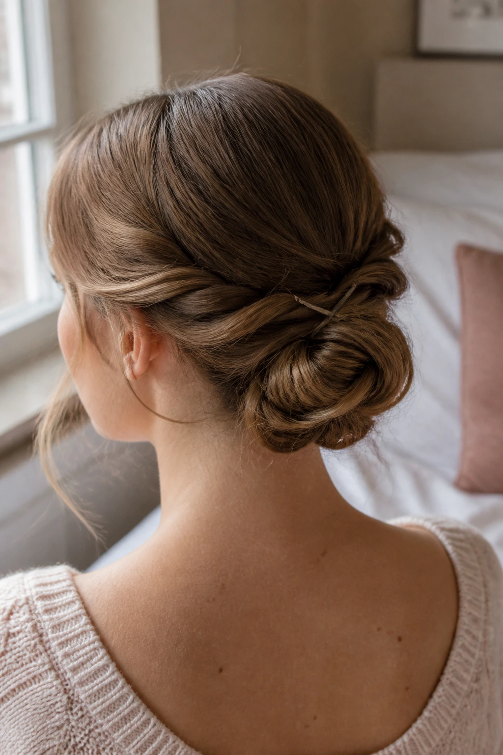 Real woman with a soft twisted low bun, nape view, cozy natural light