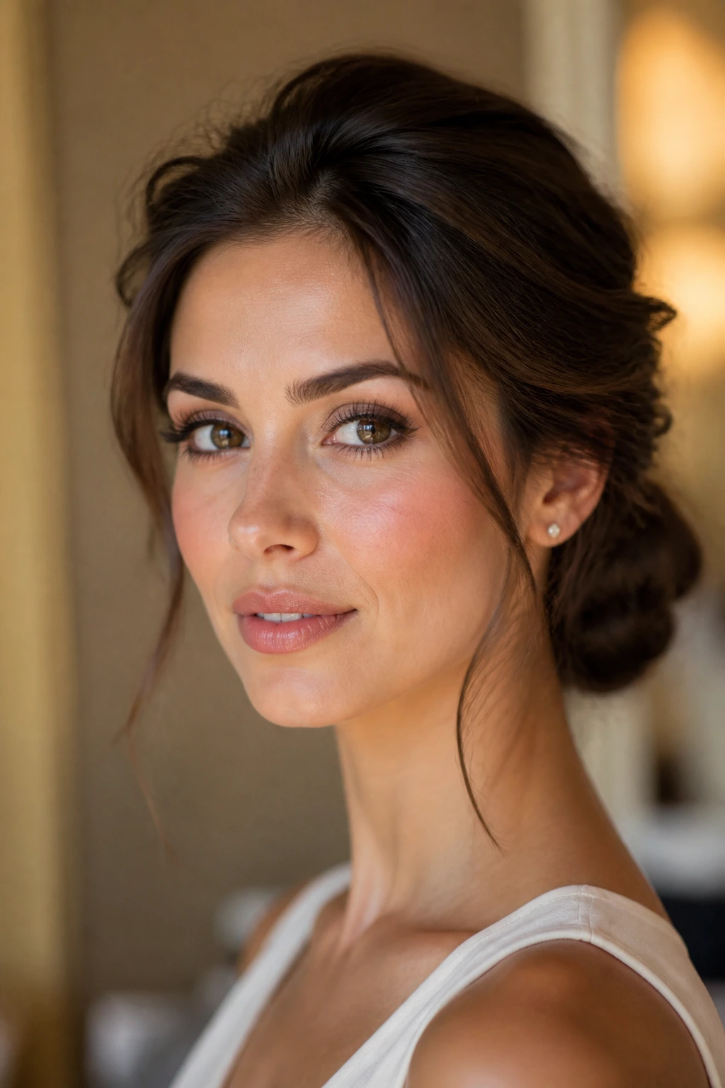 Real woman with low bun and side volume in an elegant room