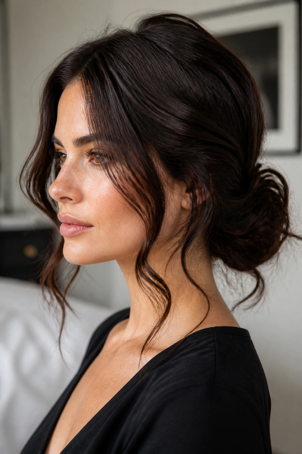 Close-up of a real woman with a loose low bun and waved ends on thick hair