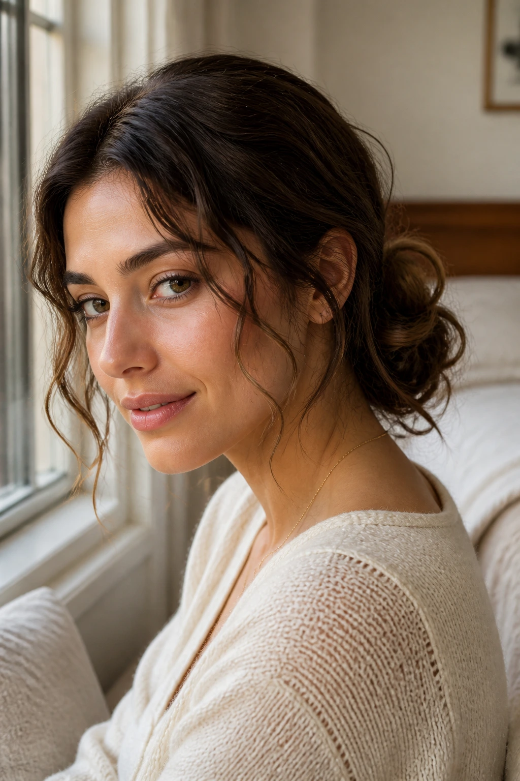 Close-up of a real woman with a loose low bun and tendrils in warm sunlit bedroom.