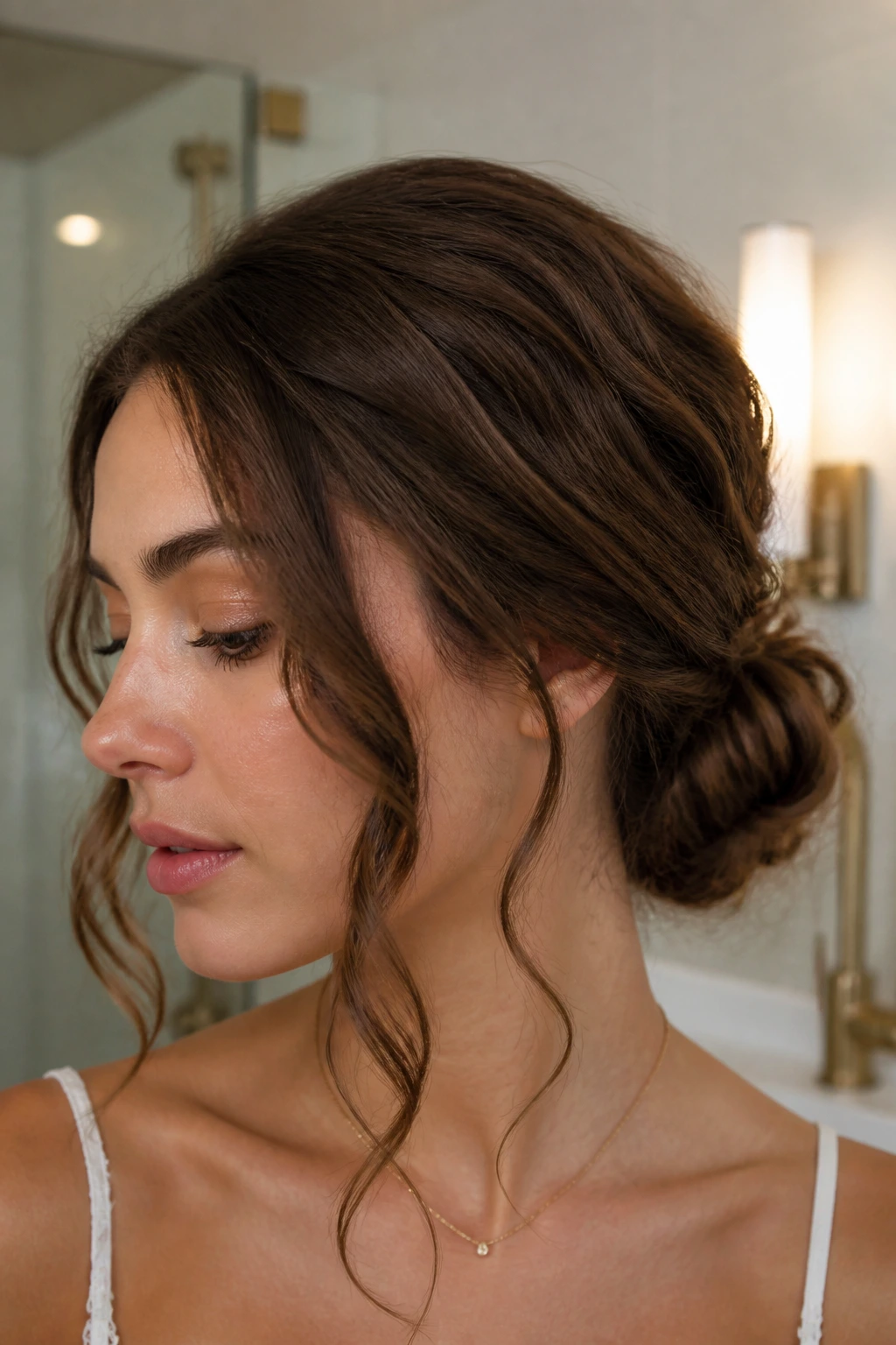 Close-up of a real woman with a low bun and loose wavy tendrils framing the face