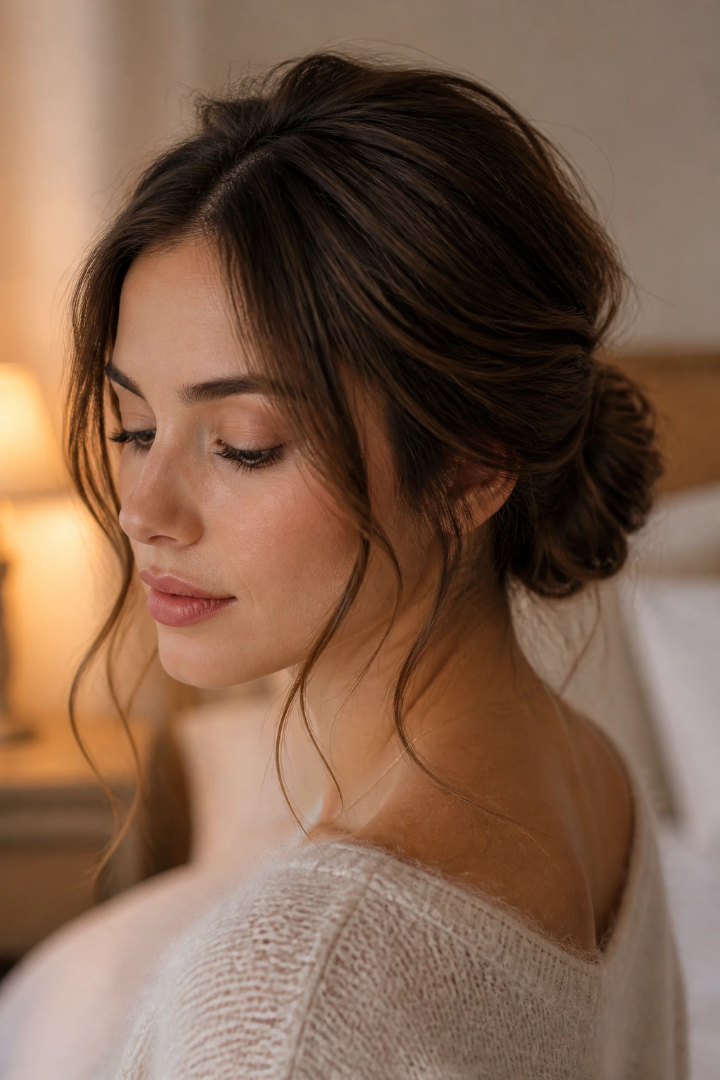 Close-up of a real woman with a low bun and wispy tendrils