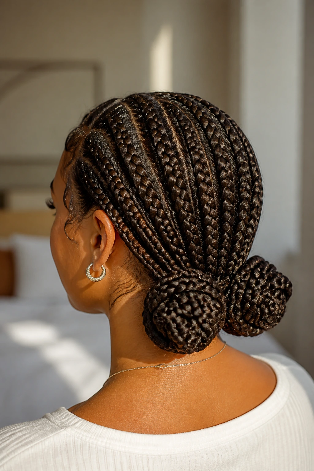 Portrait of a person with two low buns at the nape