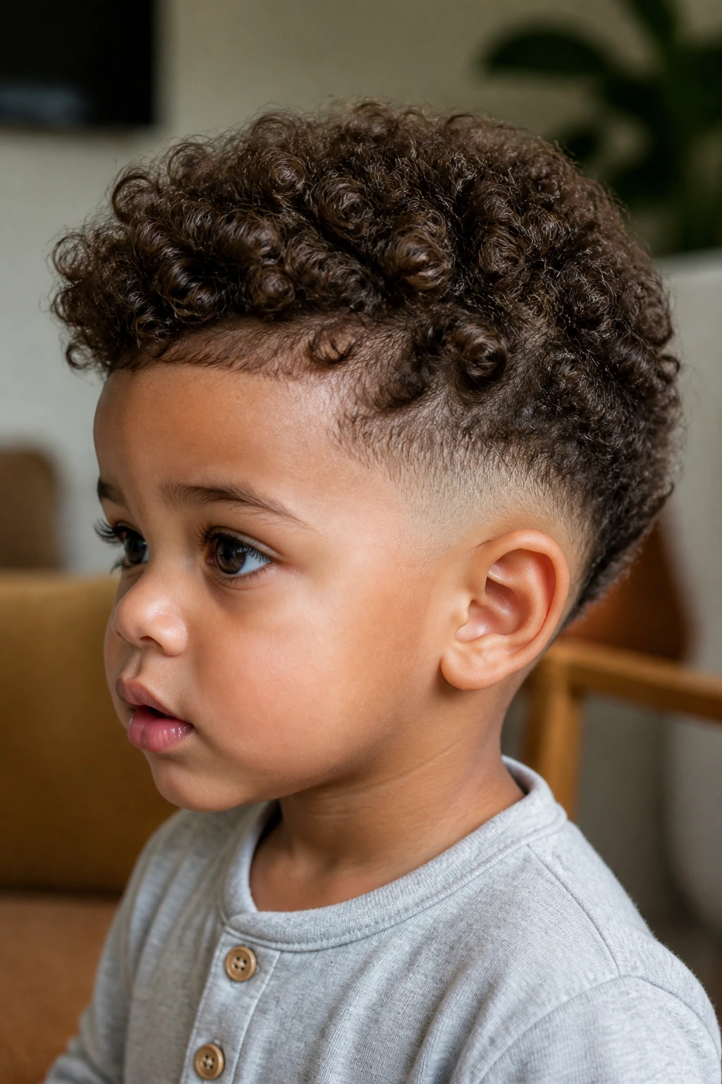 Close-up of toddler boy with low burst fade hairstyle