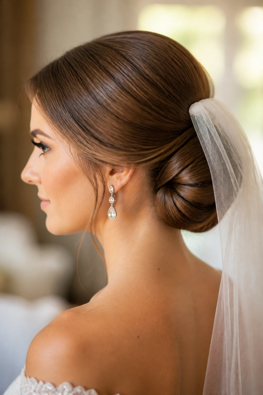 Profile view of a real woman with a sculpted low chignon at the nape