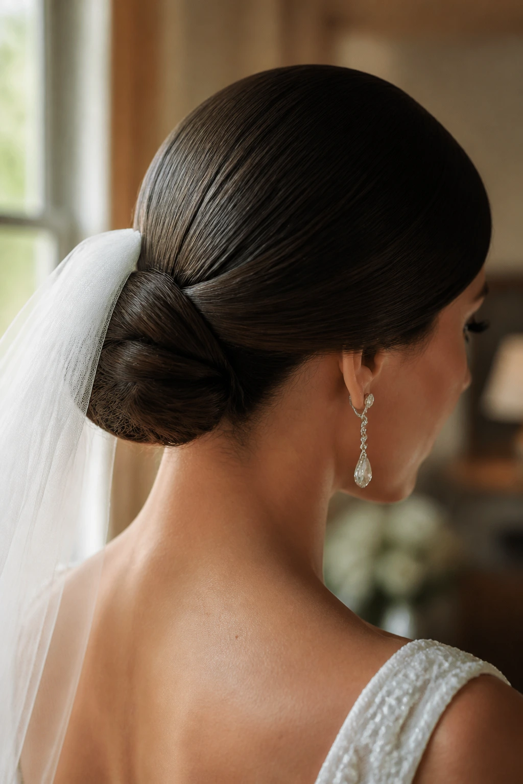 Close-up of a real bride's sleek low chignon at the nape