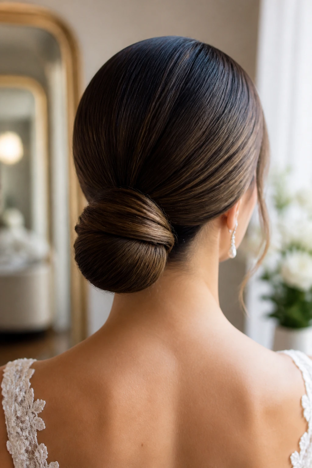 Back profile of bride wearing a sleek low chignon in a bridal suite