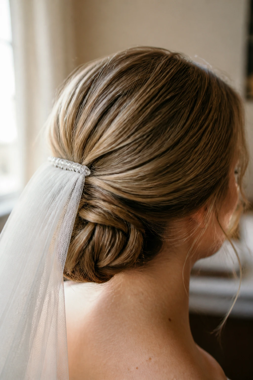 Close-up of bride's low chignon hairstyle in bridal suite light