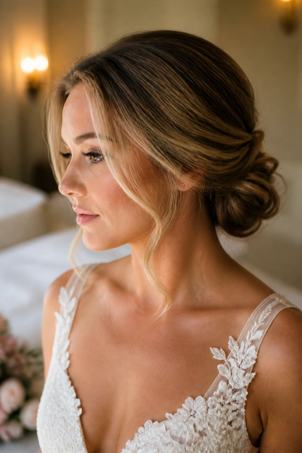Real bride with soft low chignon and face-framing pieces, close-up