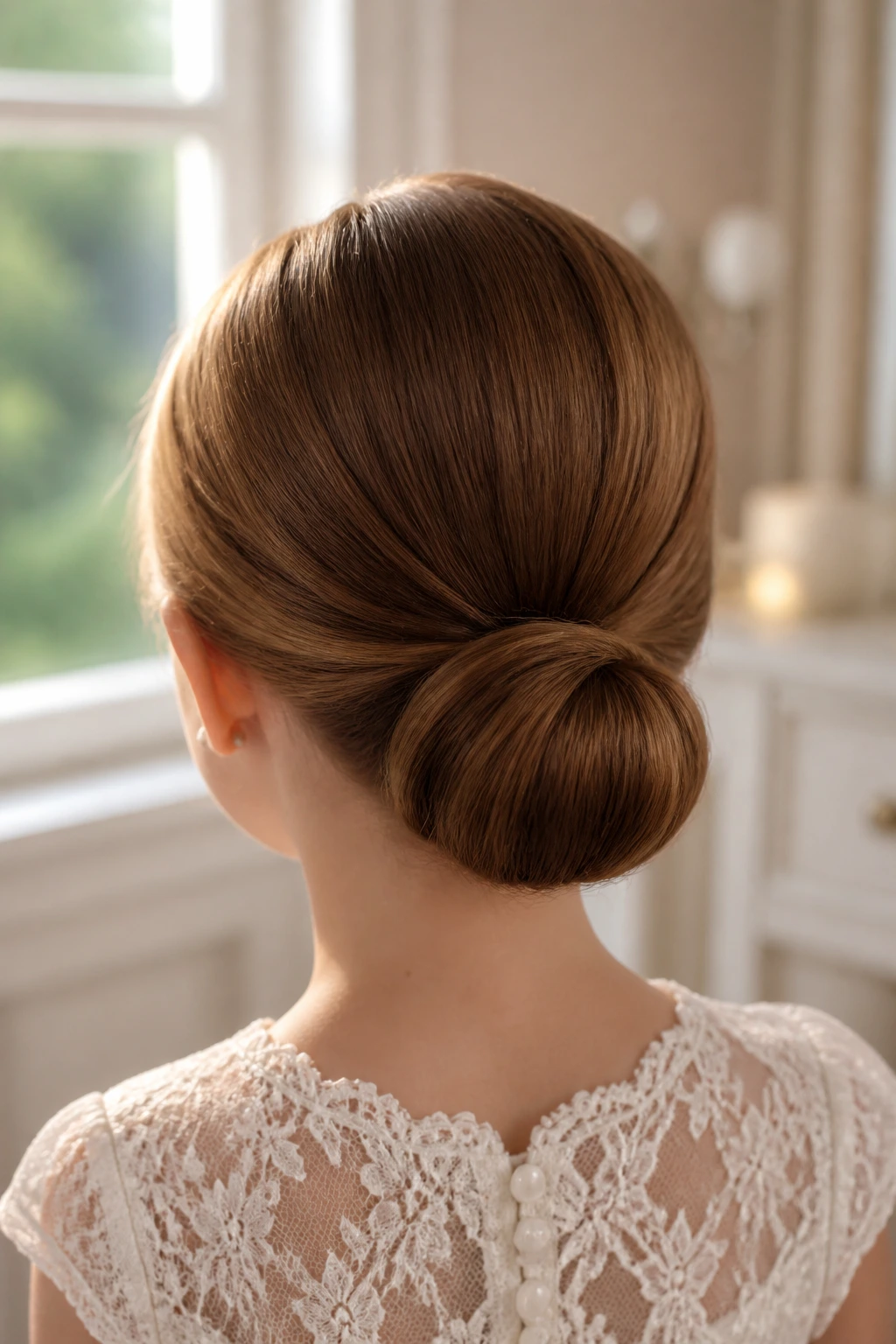 Back view close-up of a girl’s smooth low chignon at the nape