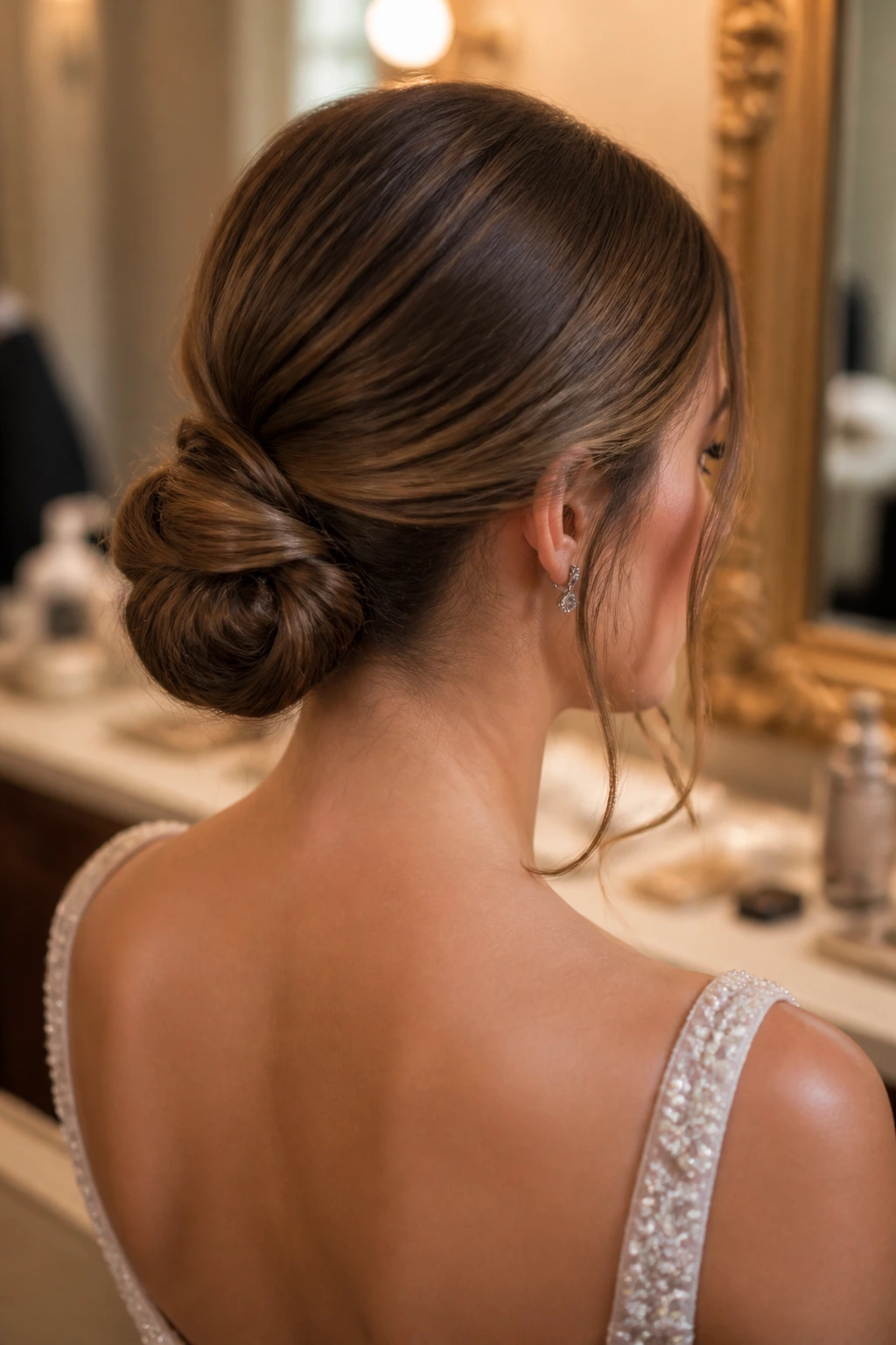 Close-up of real woman with a low nape chignon bun