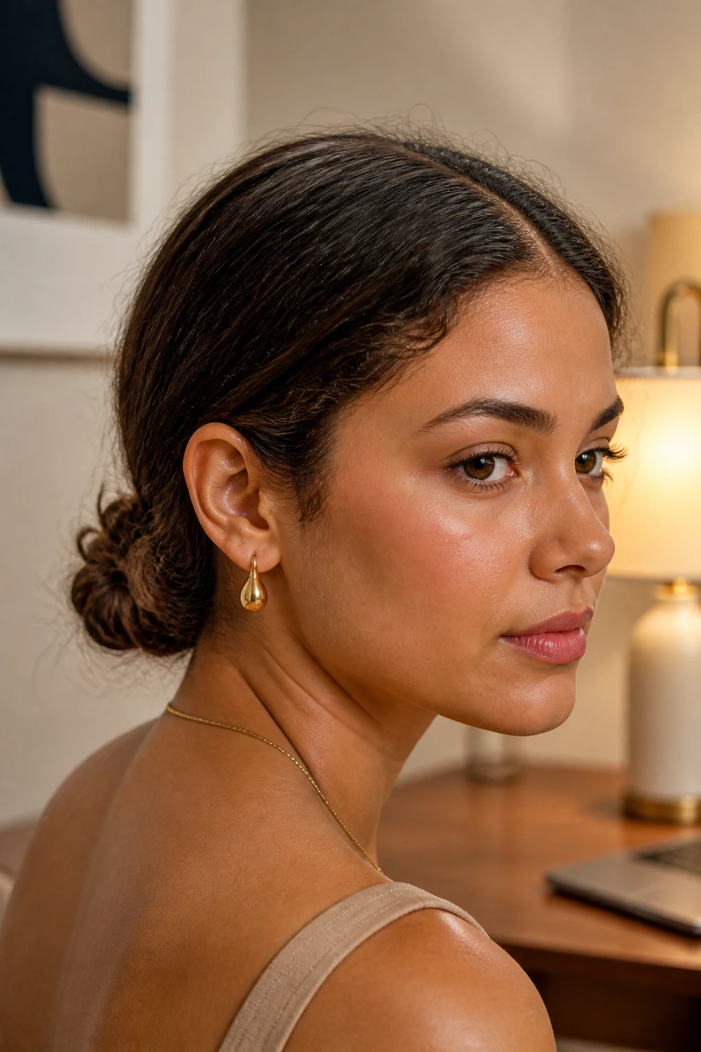 Close-up of a real woman with a center-part and a low chignon