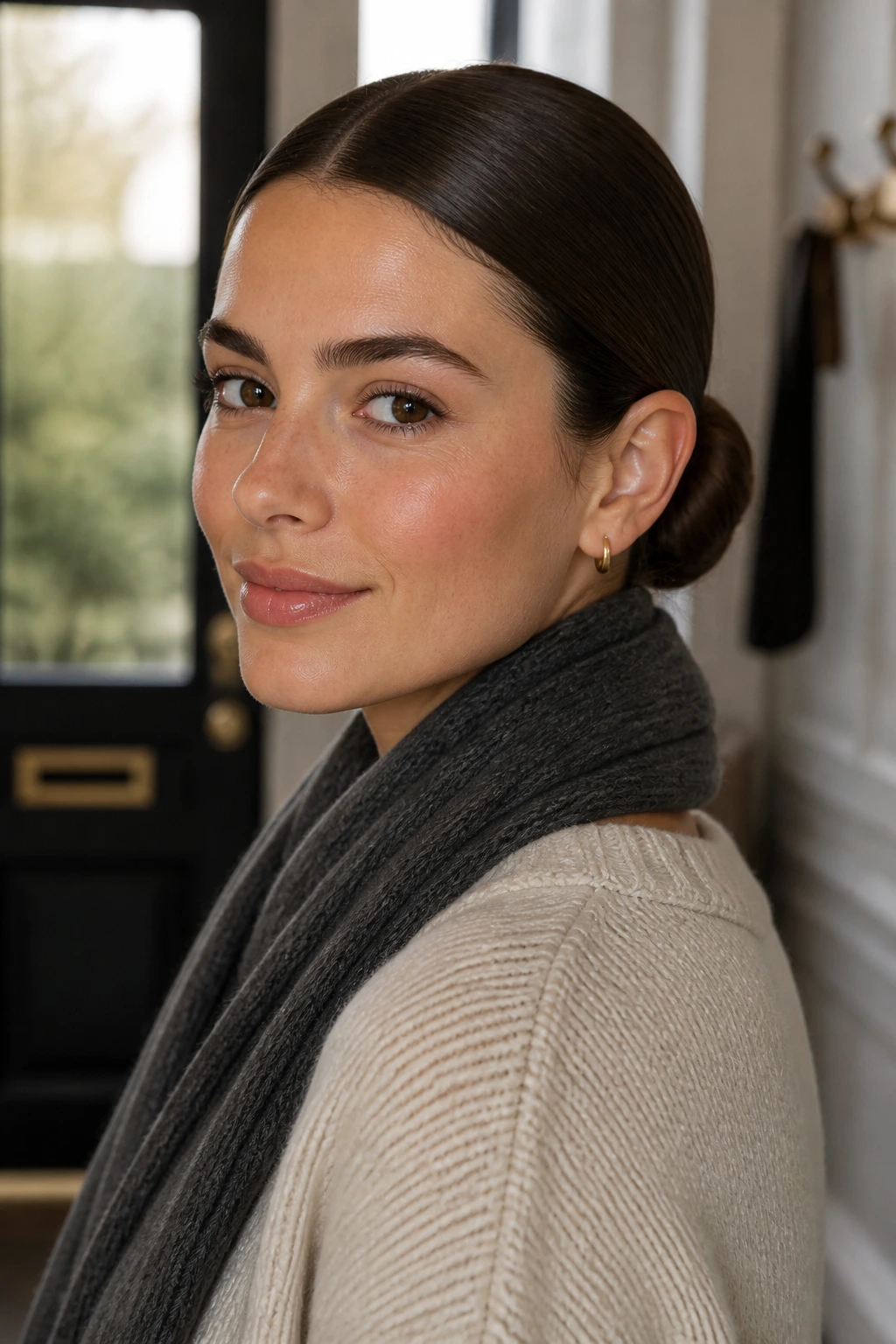 Close-up of a woman with a low chignon and sharp center part in a chic setting