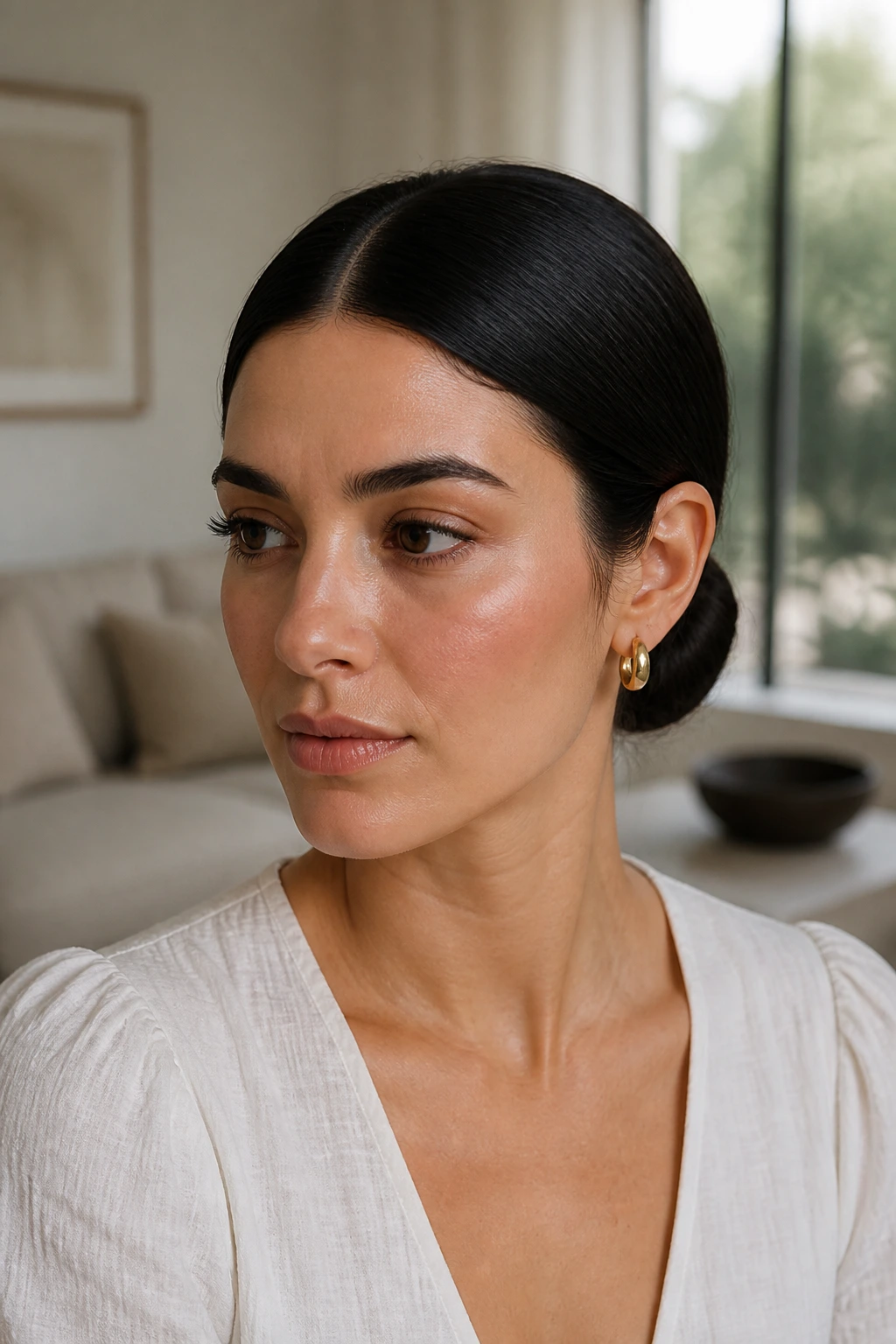 Close-up of a real woman's head showing a center-parted low chignon.