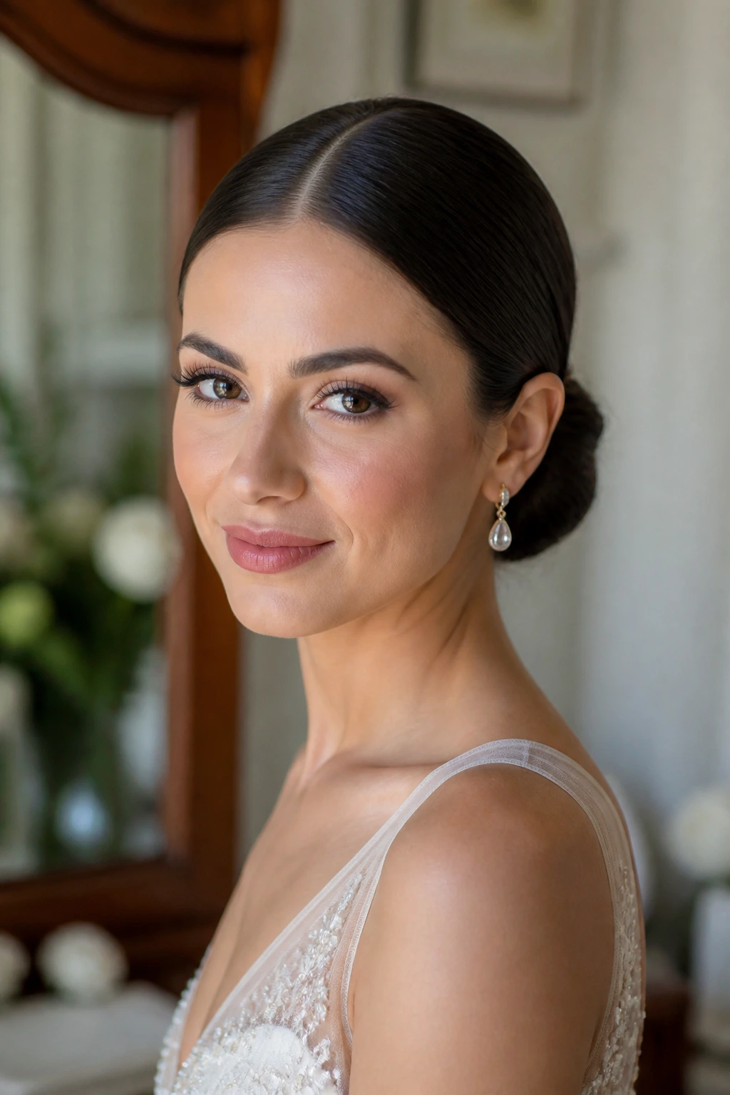 Bride with a sleek low chignon and razor-clean center part.