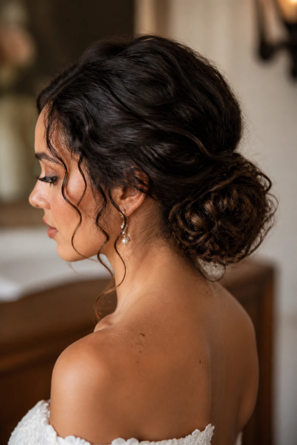 Close-up profile of a real woman with a low curly chignon