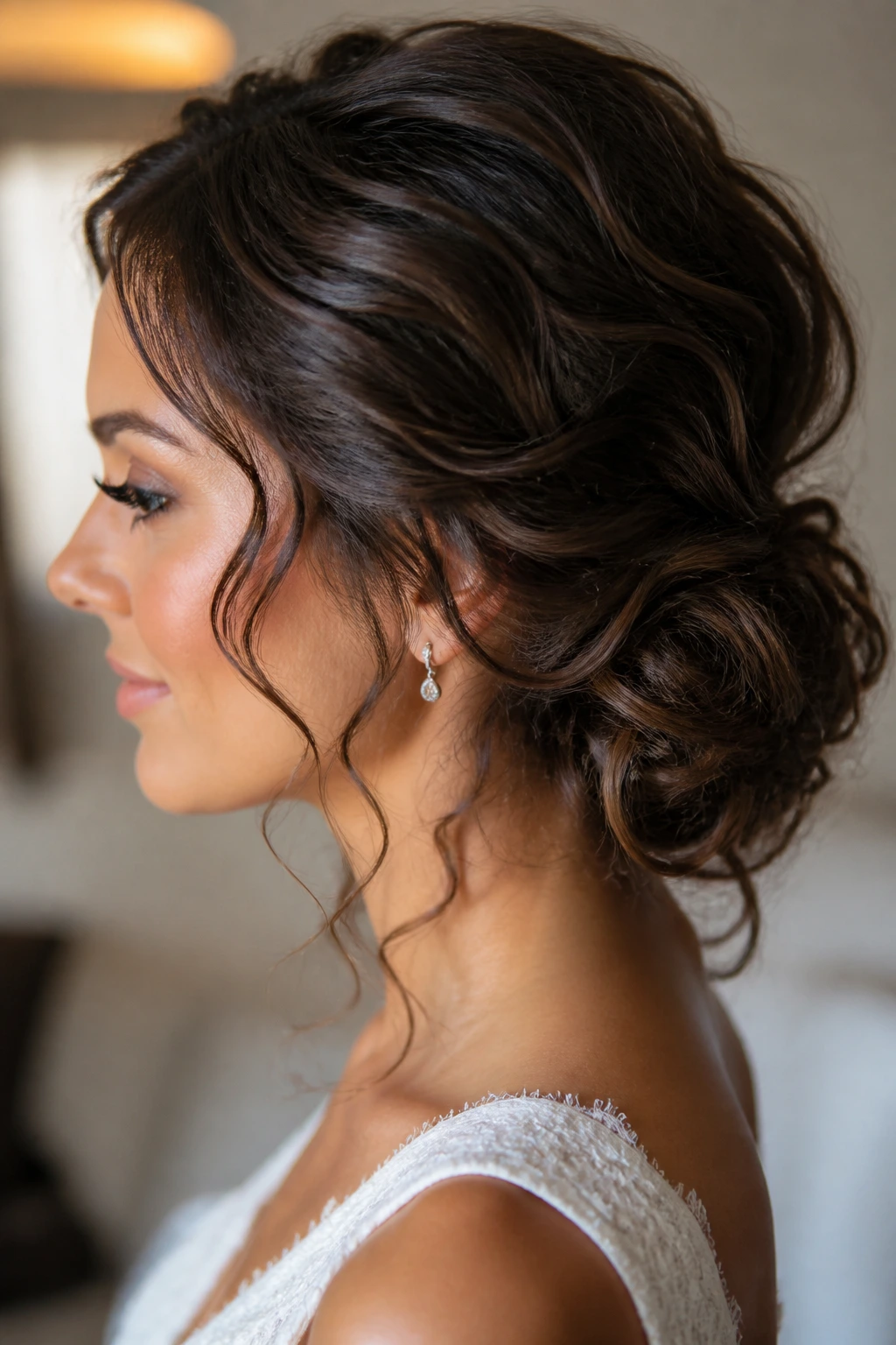 Bride with low textured chignon and loose ringlets, profile view